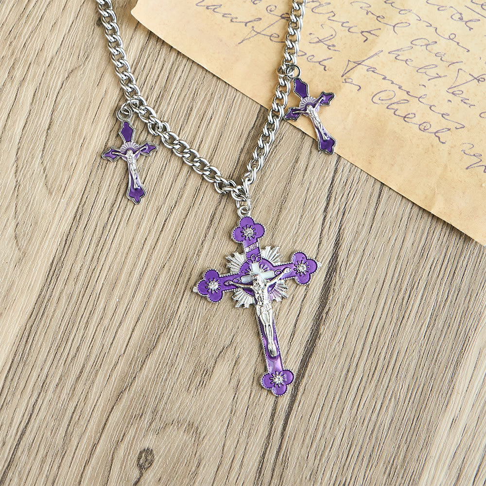 Christianartworkshop Classic Style Colorful Crafted Triple Crucifix Pendant Chain Necklace - image 5