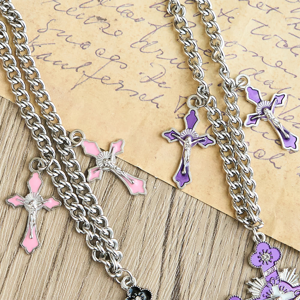 Christianartworkshop Classic Style Colorful Crafted Triple Crucifix Pendant Chain Necklace - image 7