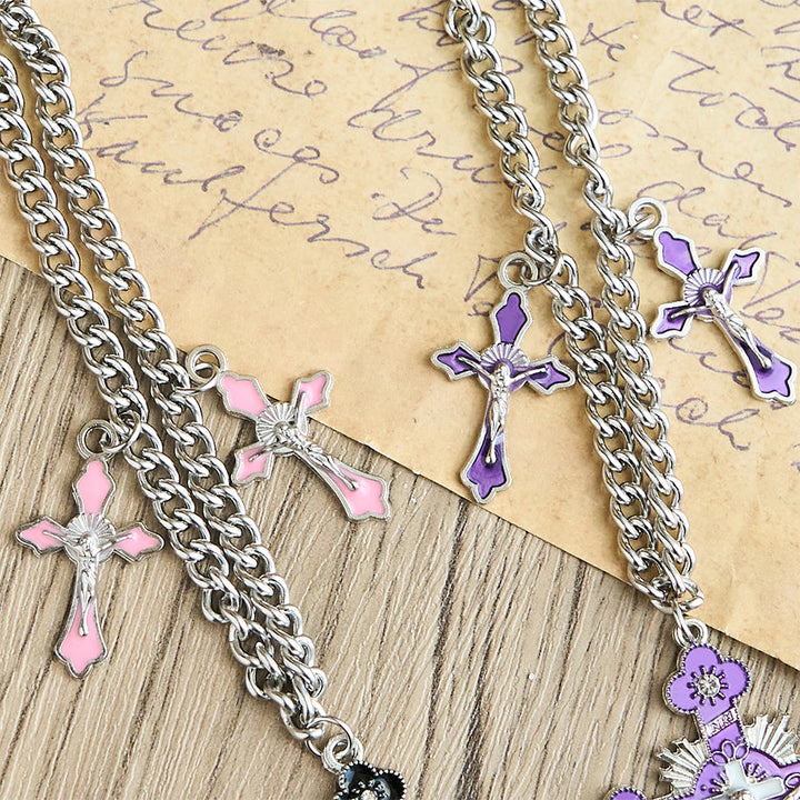 Christianartworkshop Classic Style Colorful Crafted Triple Crucifix Pendant Chain Necklace - image 7