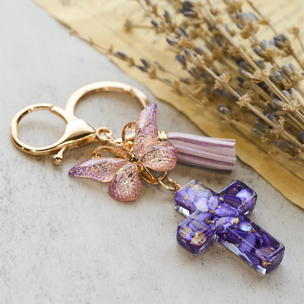 Christianartworkshop 6 Fresh Style Color Resin Butterfly Cross Keychain - Purple - image 2