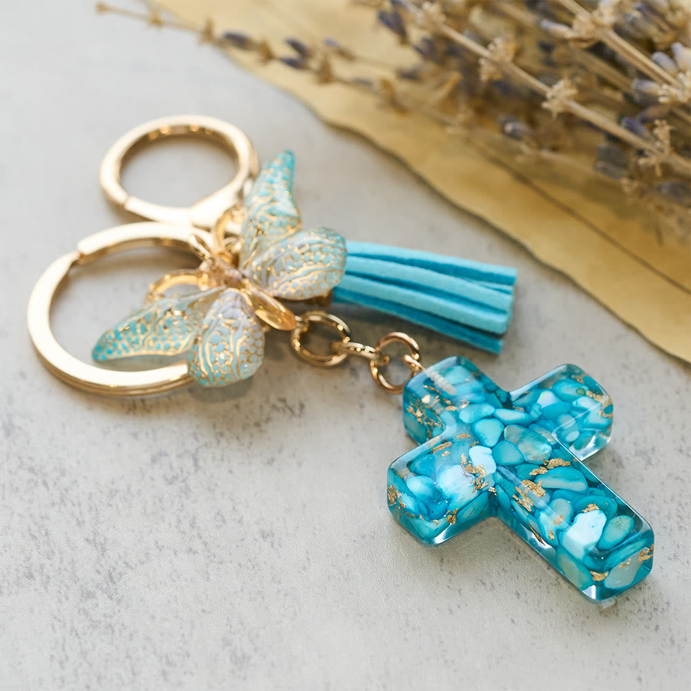 Christianartworkshop 6 Fresh Style Color Resin Butterfly Cross Keychain - Sky Blue - image 0