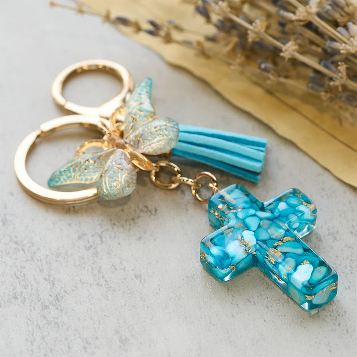 Christianartworkshop 6 Fresh Style Color Resin Butterfly Cross Keychain - Sky Blue - image 0