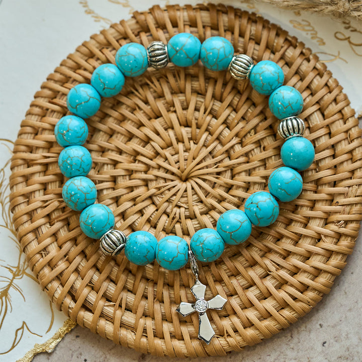Christianartworkshop Hand-Crafted Turquoise Beaded Cross Pendant Bracelet - image 4