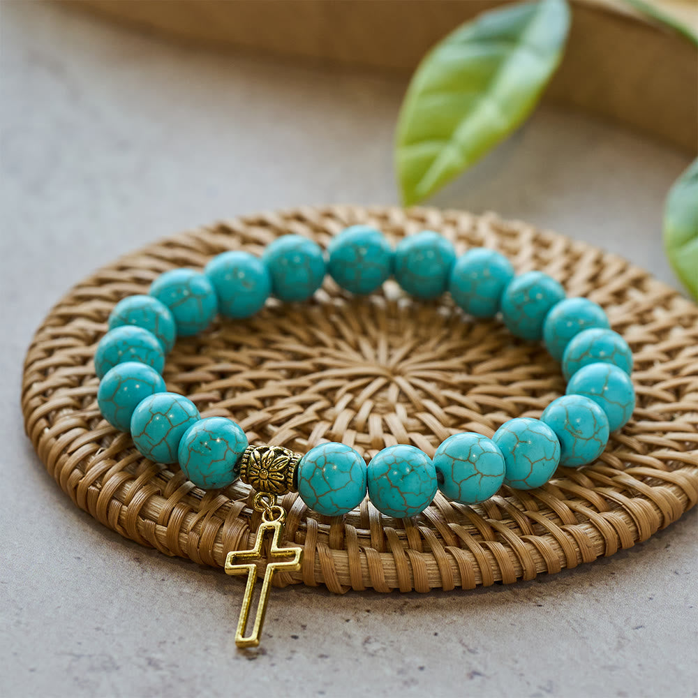 Christianartworkshop 10mm Turquoise Beads Christian Cross Bracelet - Golden - image 0