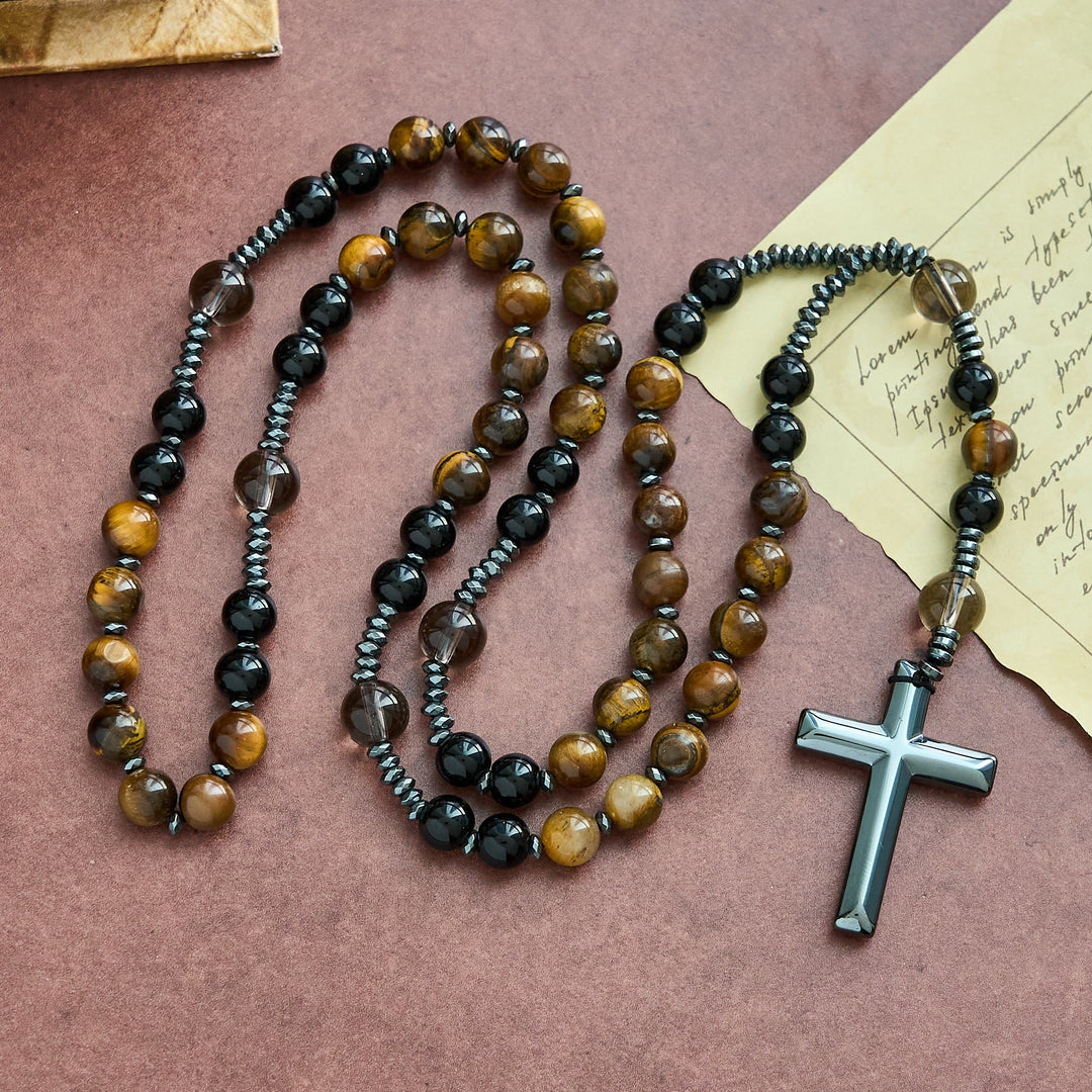 FREE Today: Natural Obsidian Tiger's Eye Rosary Necklace - Hematite Stone Cross Protection Rosary - Natural Obsidian Tiger's Eye Rosary Necklace - image 0