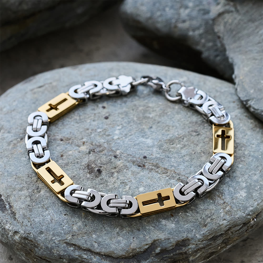 Christianartworkshop Tri - Color Cross - Embedded Chain Necklace & Bracelet: Bold Faith Statement - Bracelet - Golden and Silver - 8MM - image 14