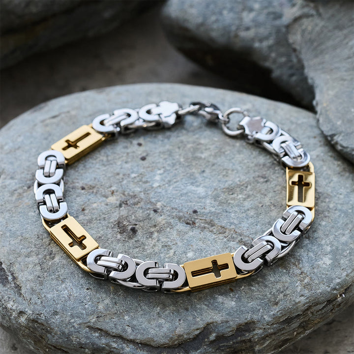 Christianartworkshop Tri - Color Cross - Embedded Chain Necklace & Bracelet: Bold Faith Statement - Bracelet - Golden and Silver - 8MM - image 14