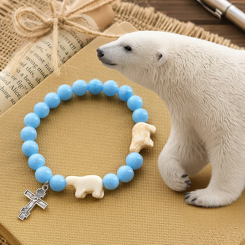 Christianartworkshop Blue Bead Polar Bear Handmade Cross Bracelet: Save Our Polar Bears - Wrist Circumference: 7.48"/19cm - image 0