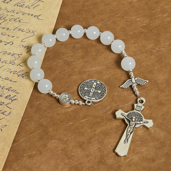 Christianartworkshop White Crystal Pocket Rosary for Travel & Daily Prayers with St. Benedict & Angel Blessings - image 4
