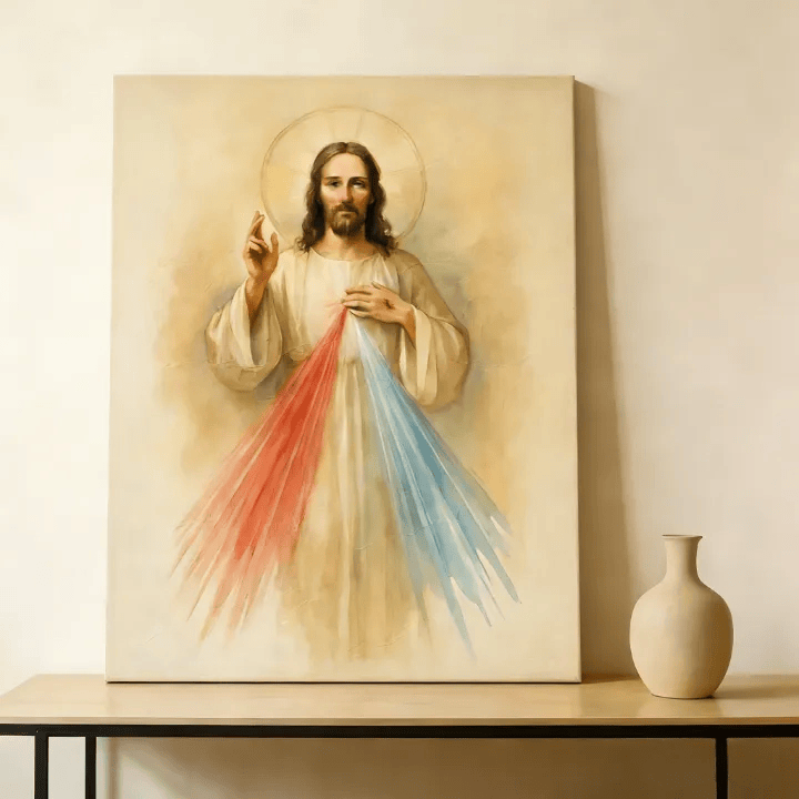 Christianartworkshop Divine Mercy Jesus Wall Art Print: Rays of Compassion and Peace for Your Home Sanctuary - 13.77"*19.58"*0.7"/35*50*1.8cm - Framed Canvas Painting - image 0