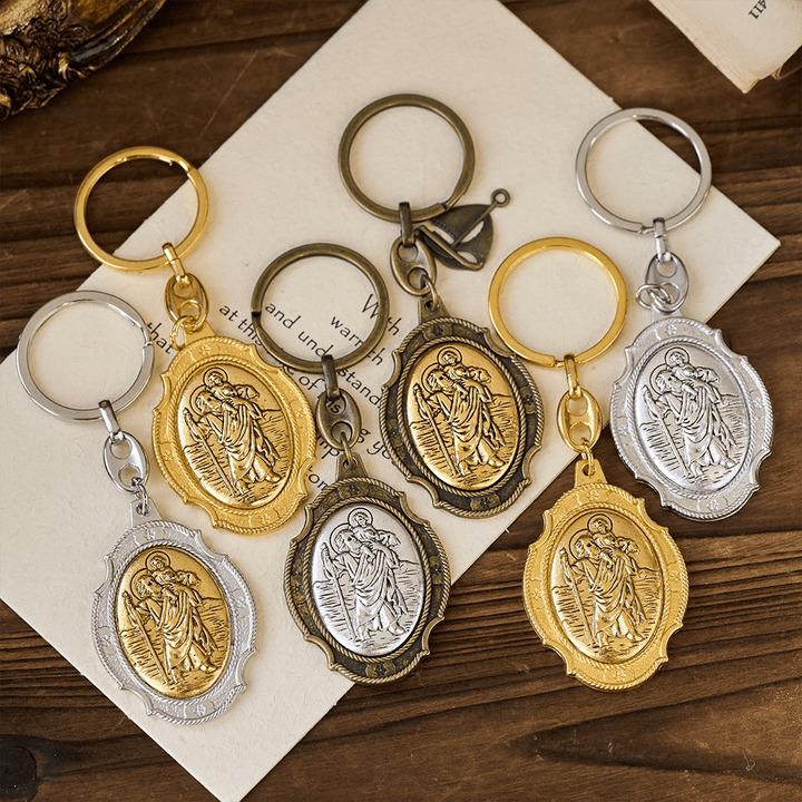 Christianartworkshop Intricately Carved Multicolor St. Christopher Keychain: Based Companion for Safe Travels - image 0