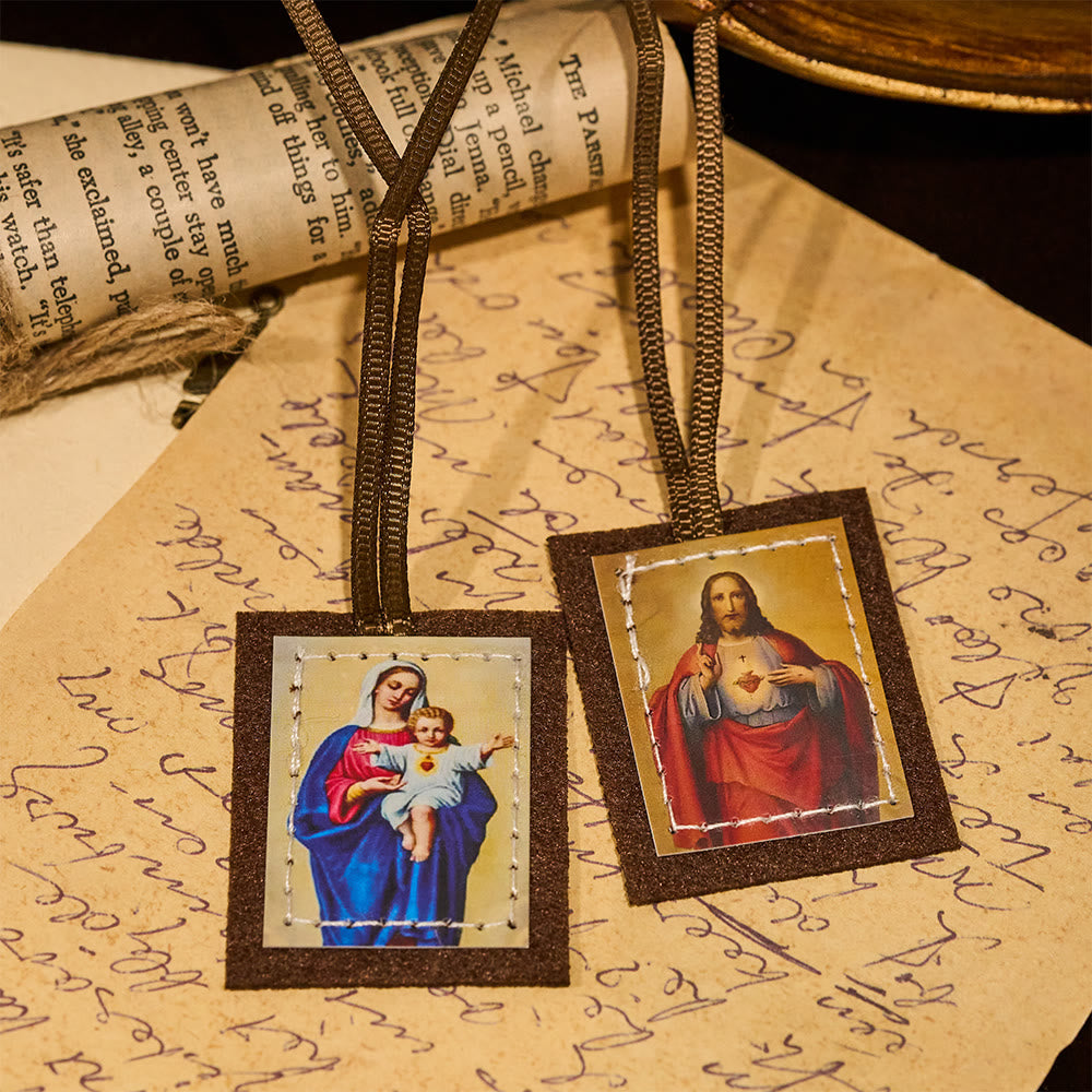 Christianartworkshop Blessed Brown Wool Scapular of Sacred Heart of Jesus and Virgin Mary - image 1