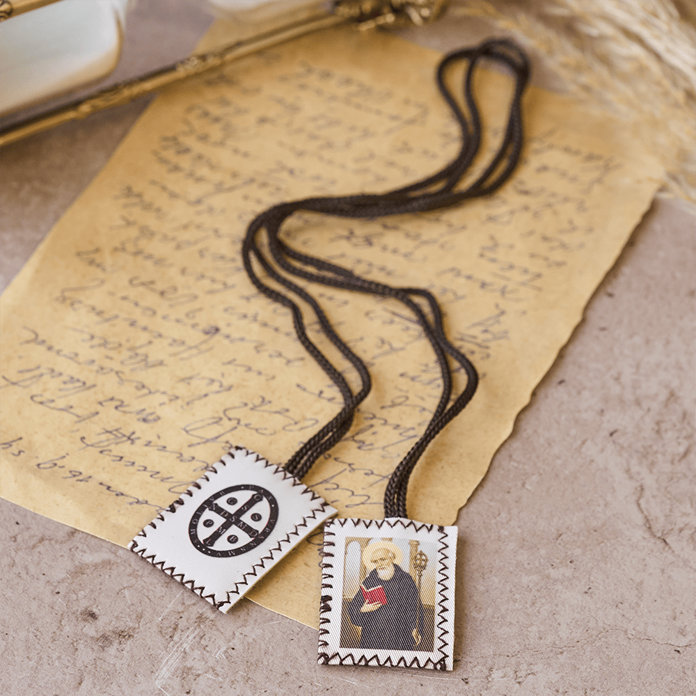 Christianartworkshop Vintage Stamp Shaped Scapular on Black Wool Cord of Saint Benedict and Crucifix - image 3