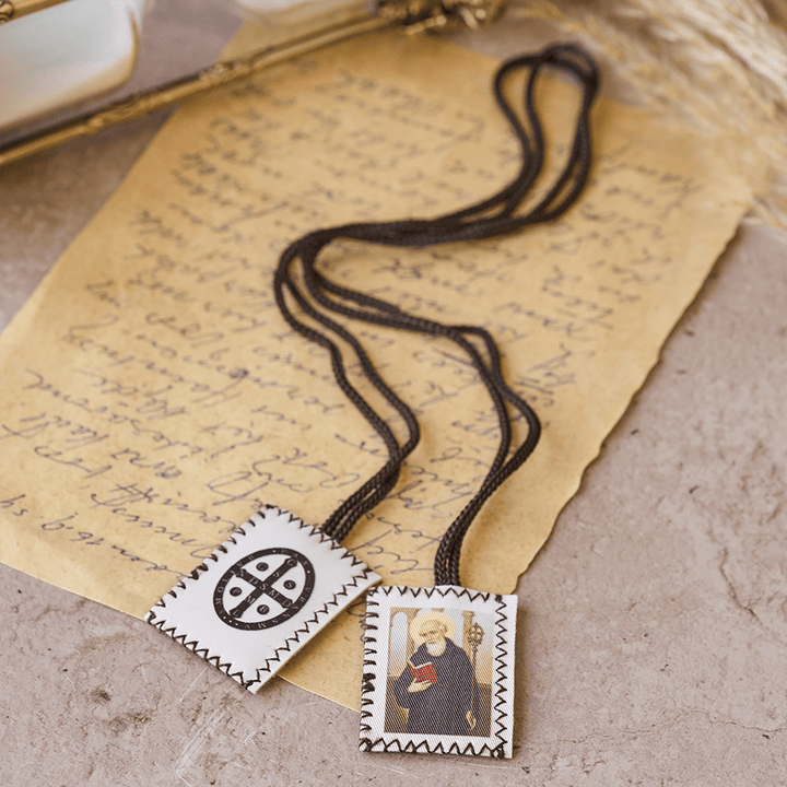 Christianartworkshop Vintage Stamp Shaped Scapular on Black Wool Cord of Saint Benedict and Crucifix - image 3