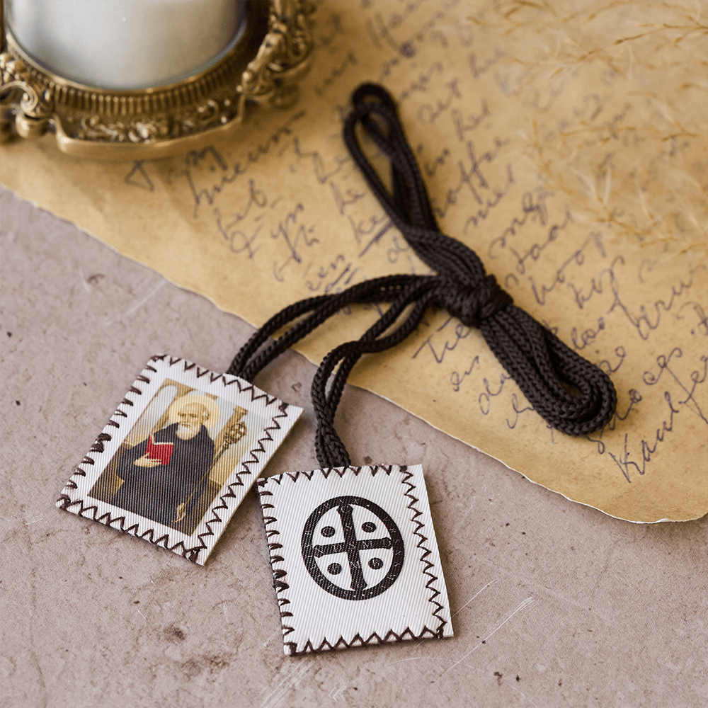 Christianartworkshop Vintage Stamp Shaped Scapular on Black Wool Cord of Saint Benedict and Crucifix - image 2