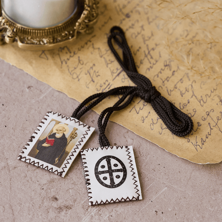 Christianartworkshop Vintage Stamp Shaped Scapular on Black Wool Cord of Saint Benedict and Crucifix - image 2