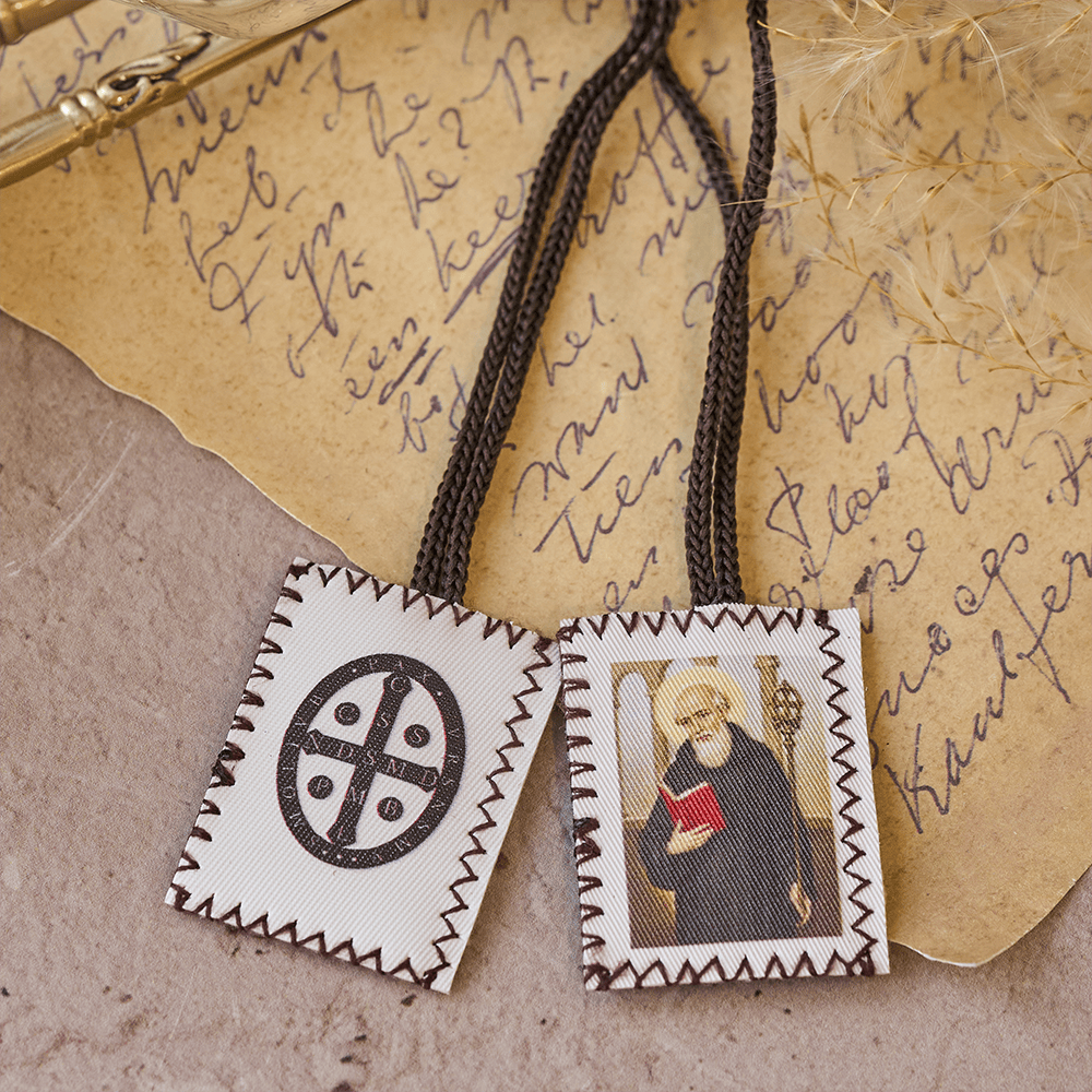 Christianartworkshop Vintage Stamp Shaped Scapular on Black Wool Cord of Saint Benedict and Crucifix - image 4