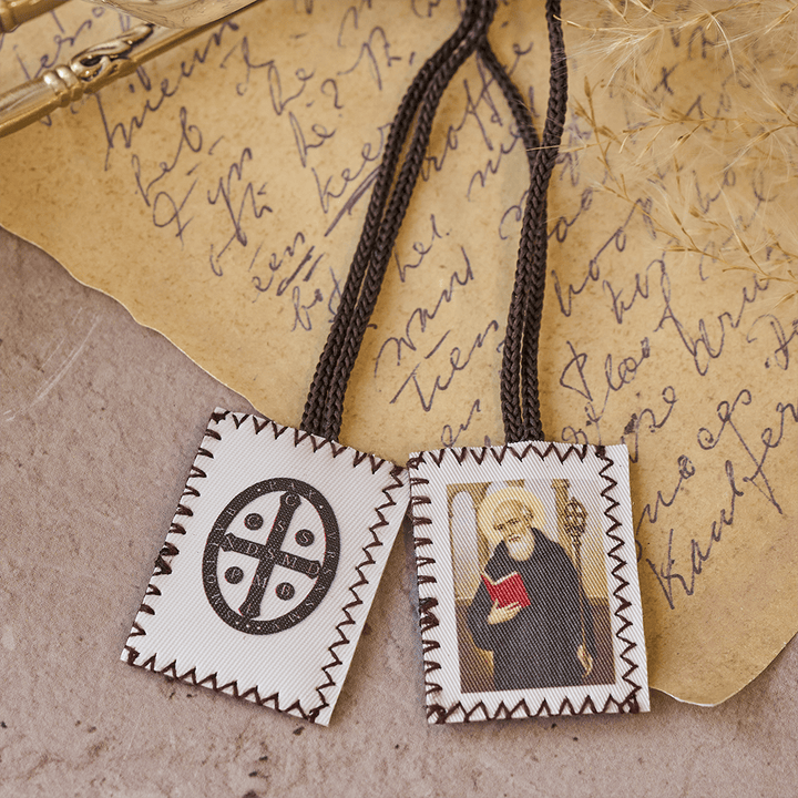 Christianartworkshop Vintage Stamp Shaped Scapular on Black Wool Cord of Saint Benedict and Crucifix - image 4