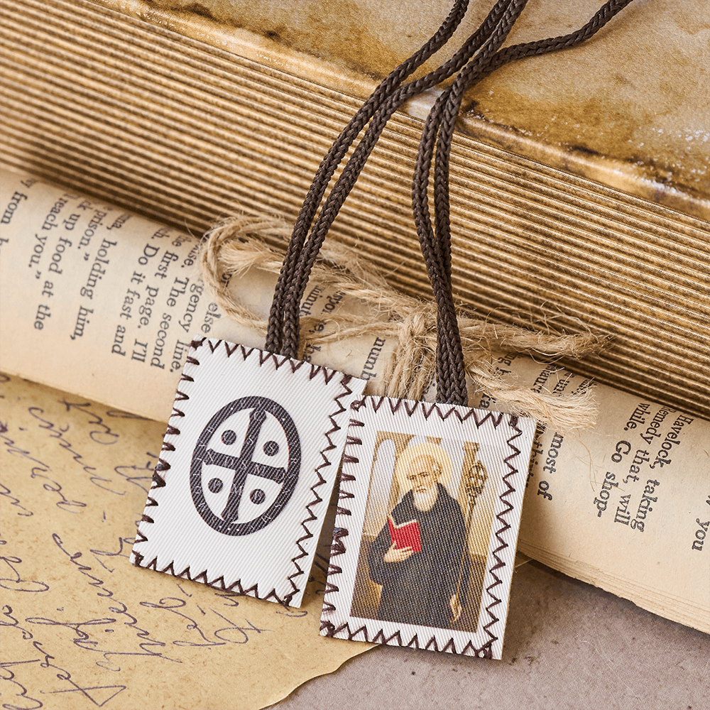 Christianartworkshop Vintage Stamp Shaped Scapular on Black Wool Cord of Saint Benedict and Crucifix - Scapular - image 0
