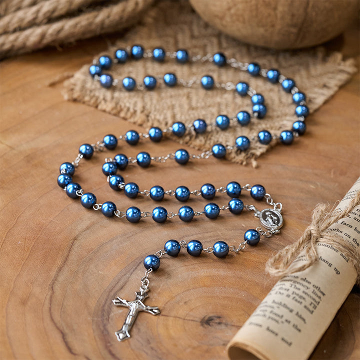 Royal Blue Pearl Beads Rosary with Holy Mother Medal & Crucifix - image 7