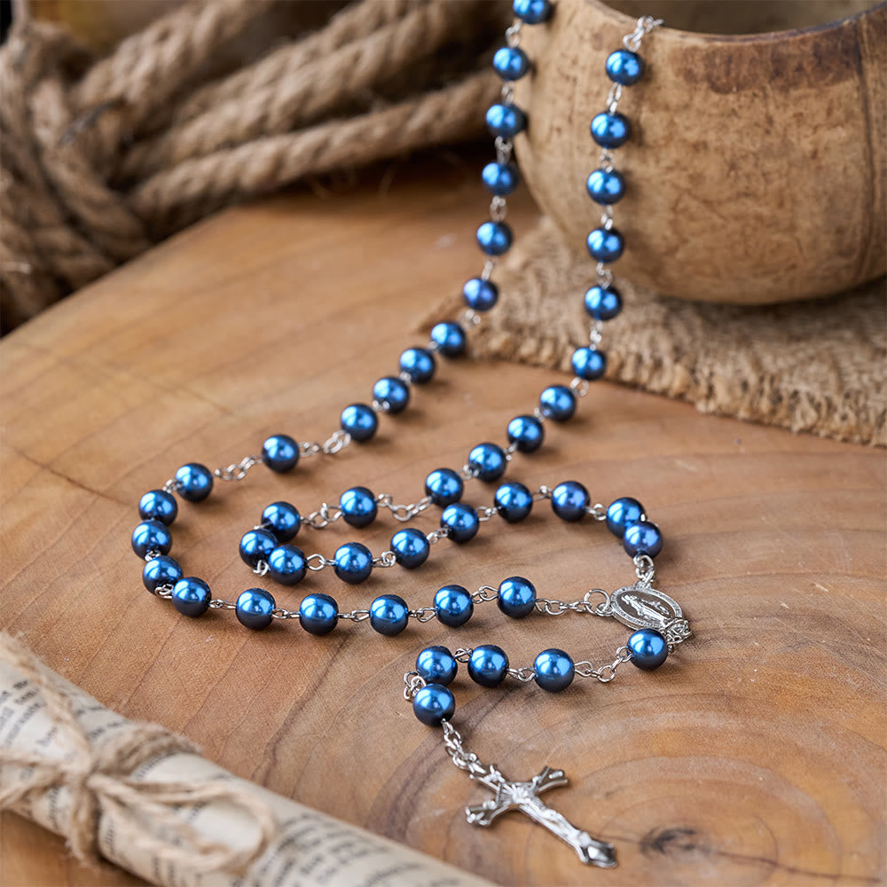 Royal Blue Pearl Beads Rosary with Holy Mother Medal & Crucifix - image 2