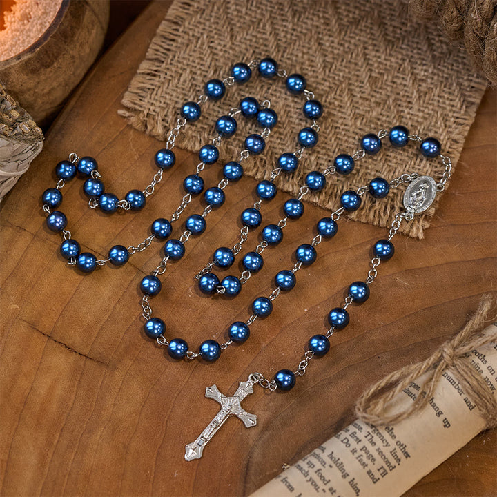 Royal Blue Pearl Beads Rosary with Holy Mother Medal & Crucifix - image 6
