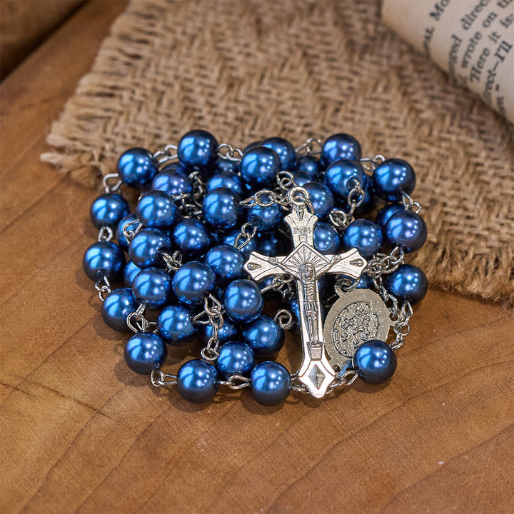 Royal Blue Pearl Beads Rosary with Holy Mother Medal & Crucifix - image 3