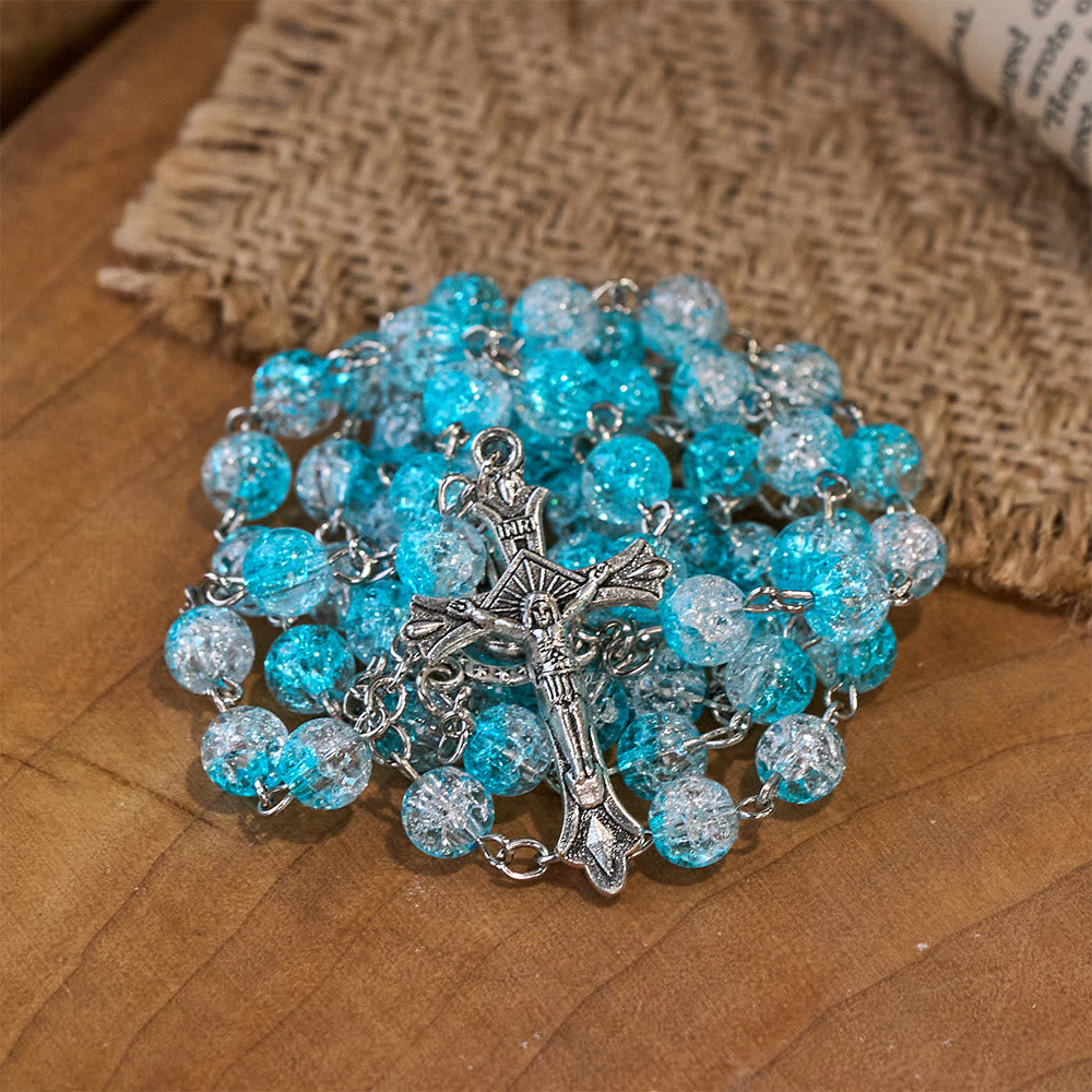 Celestial Blue Glass Beads Rosary with Jesus Heart & Crucifix - image 4