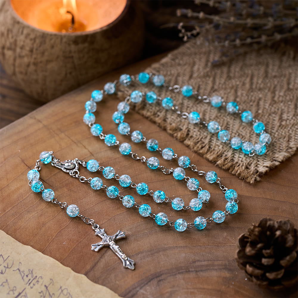 Celestial Blue Glass Beads Rosary with Jesus Heart & Crucifix - image 3