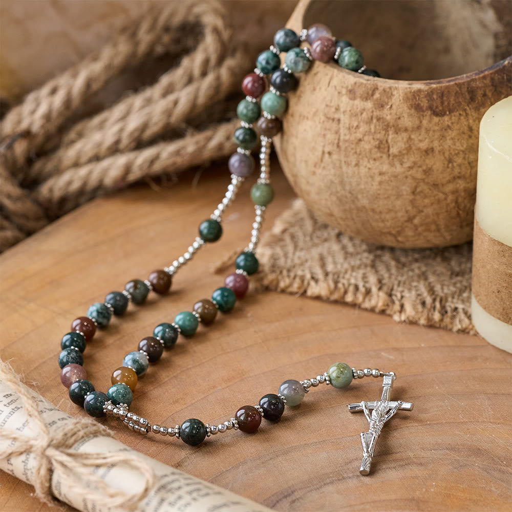 Christ Natural Agate Jesus Cross Prayer Rosary - image 3