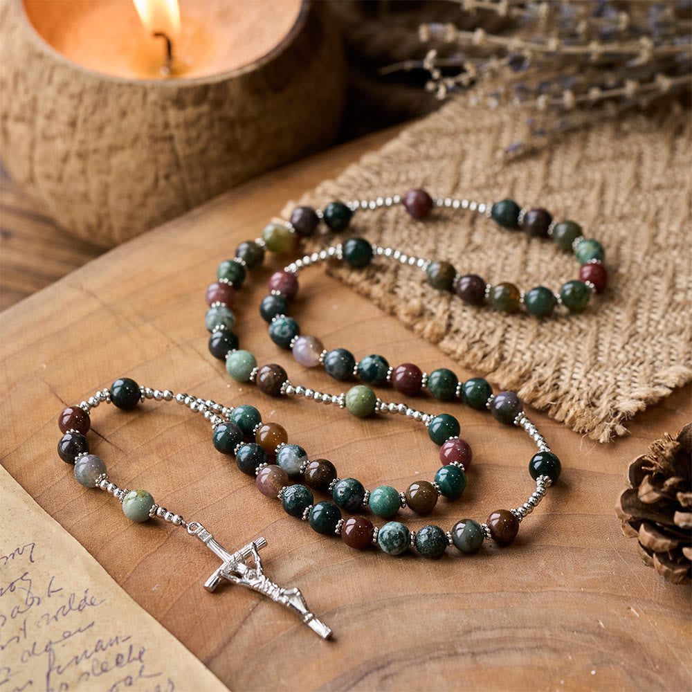 Christ Natural Agate Jesus Cross Prayer Rosary - Multi-colored agate - image 0