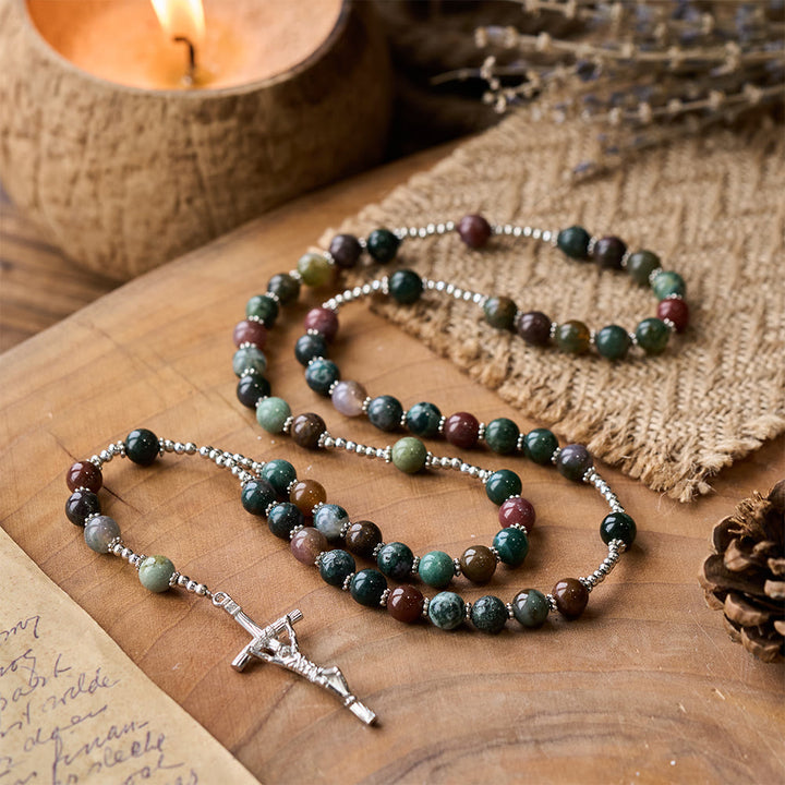 Christ Natural Agate Jesus Cross Prayer Rosary - Multi-colored agate - image 0