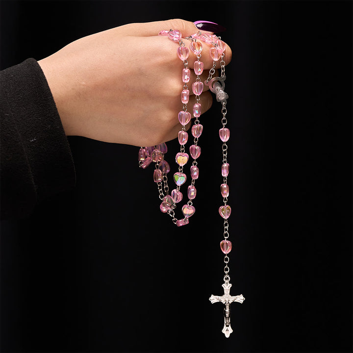 Pink Clear Shiny Heart Prayer Rosary - image 1