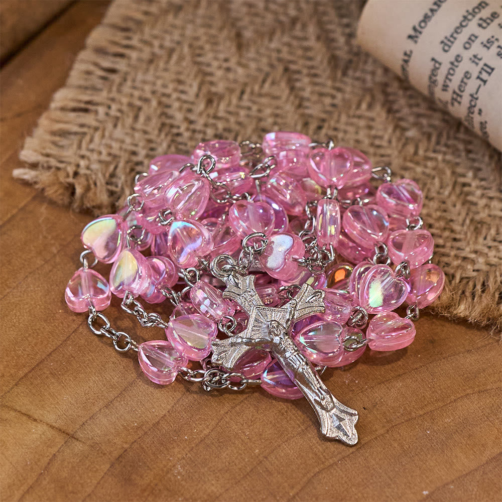 Pink Clear Shiny Heart Prayer Rosary - image 2