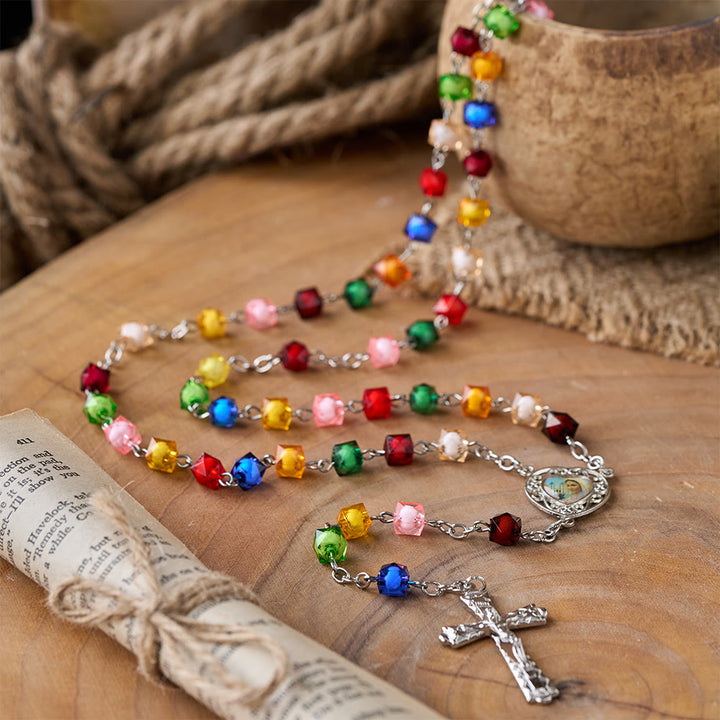 Christianartworkshop Our Lady of Peace & Crucifix of 8 mm Polyhedron Multicolor Acrylic Alloy Chain Rosary - image 2