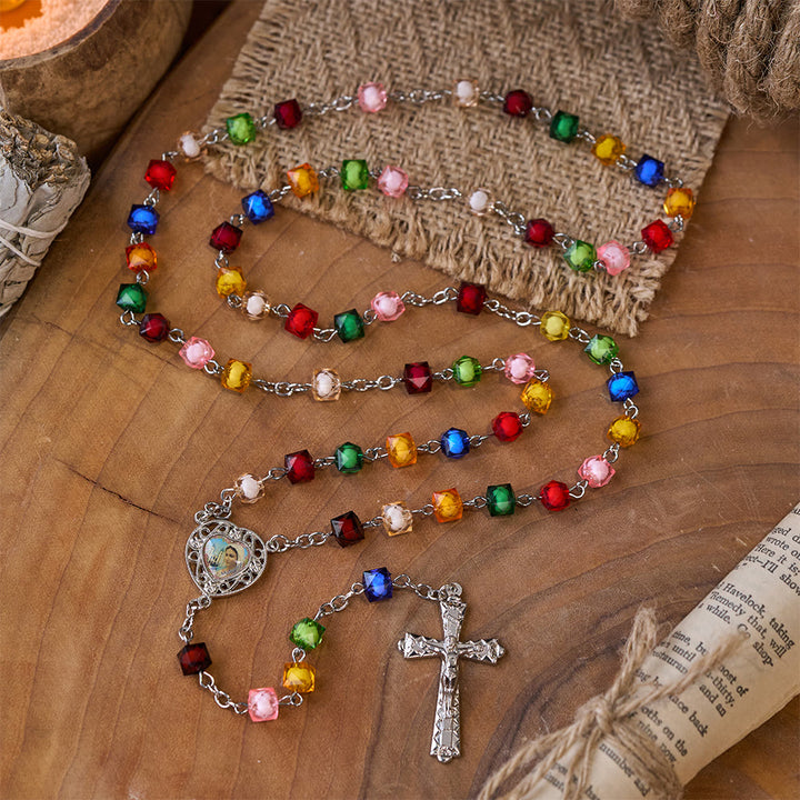 Christianartworkshop Our Lady of Peace & Crucifix of 8 mm Polyhedron Multicolor Acrylic Alloy Chain Rosary - image 3