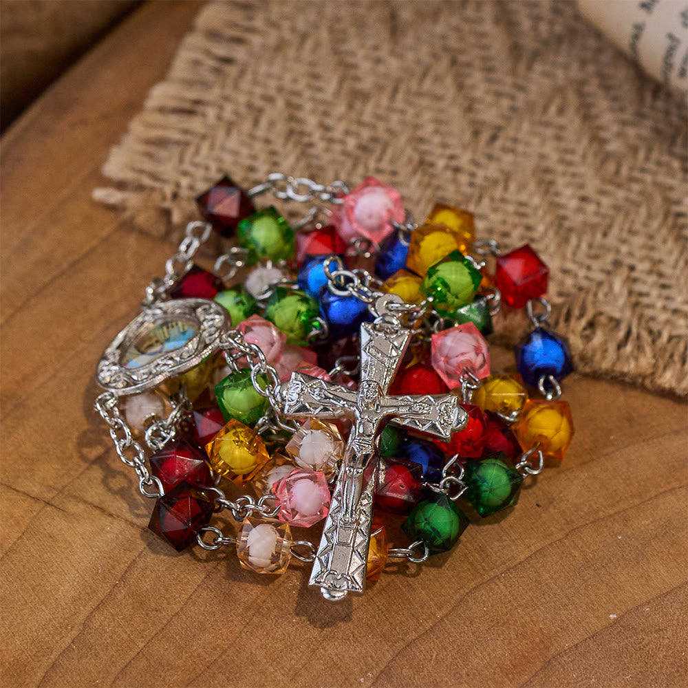 Christianartworkshop Our Lady of Peace & Crucifix of 8 mm Polyhedron Multicolor Acrylic Alloy Chain Rosary - image 7