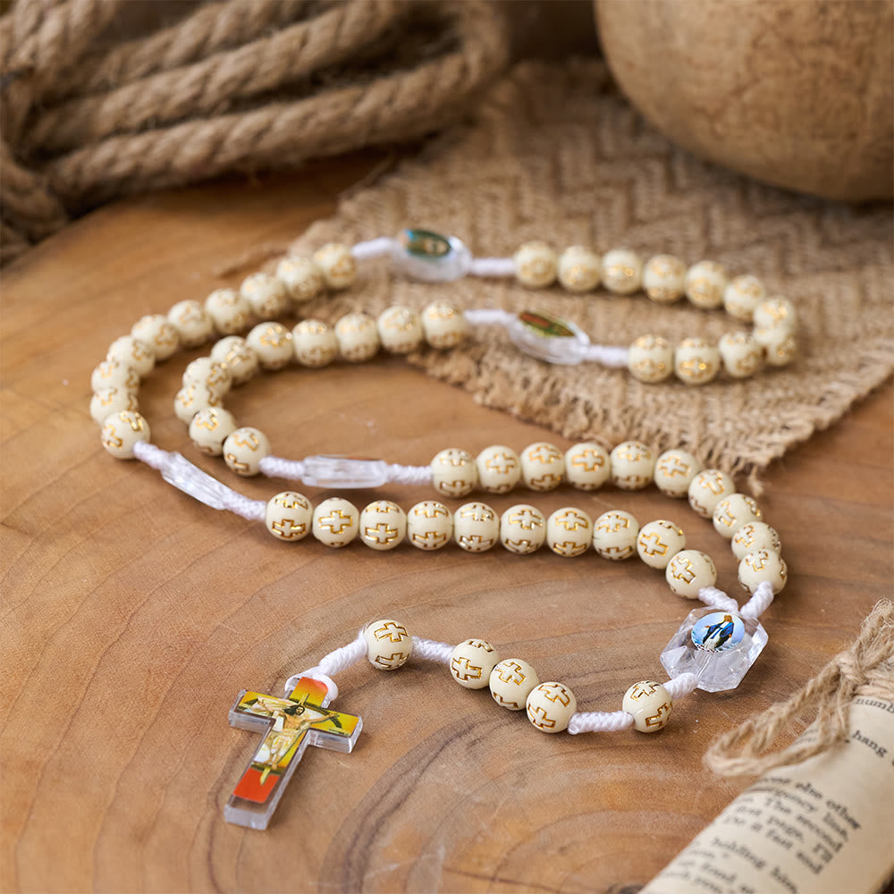 Christianartworkshop Crucifix of 10 mm Round Multicolor Acrylic Nylon Cord Rosary - Beige - image 1