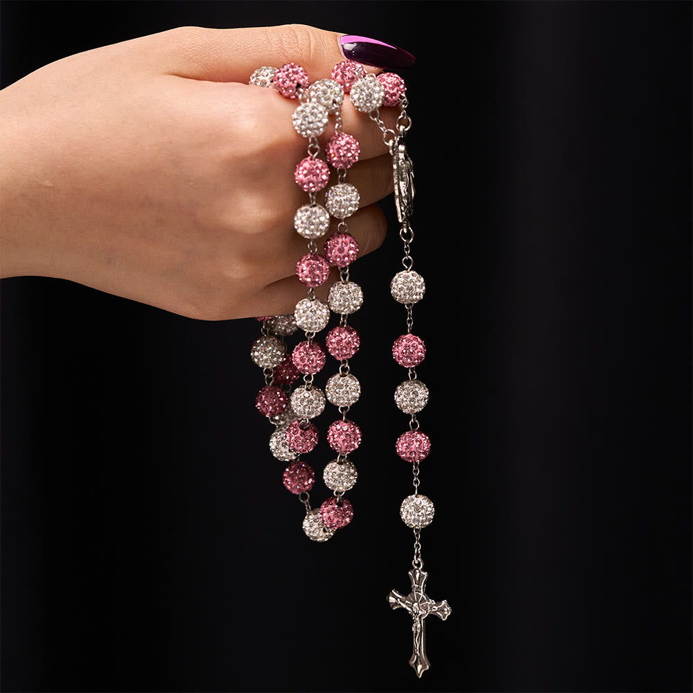 Christianartworkshop Our Lady of Guadalupe & Crucifix of 10 mm Round Pink White Polymer Clay Alloy Chain Rosary - image 1