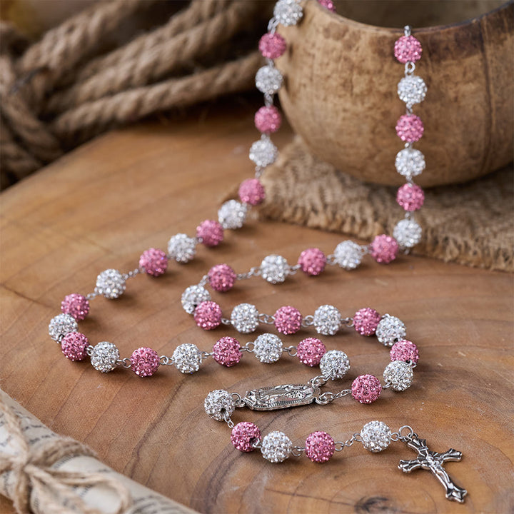 Christianartworkshop Our Lady of Guadalupe & Crucifix of 10 mm Round Pink White Polymer Clay Alloy Chain Rosary - Pink+White - image 0