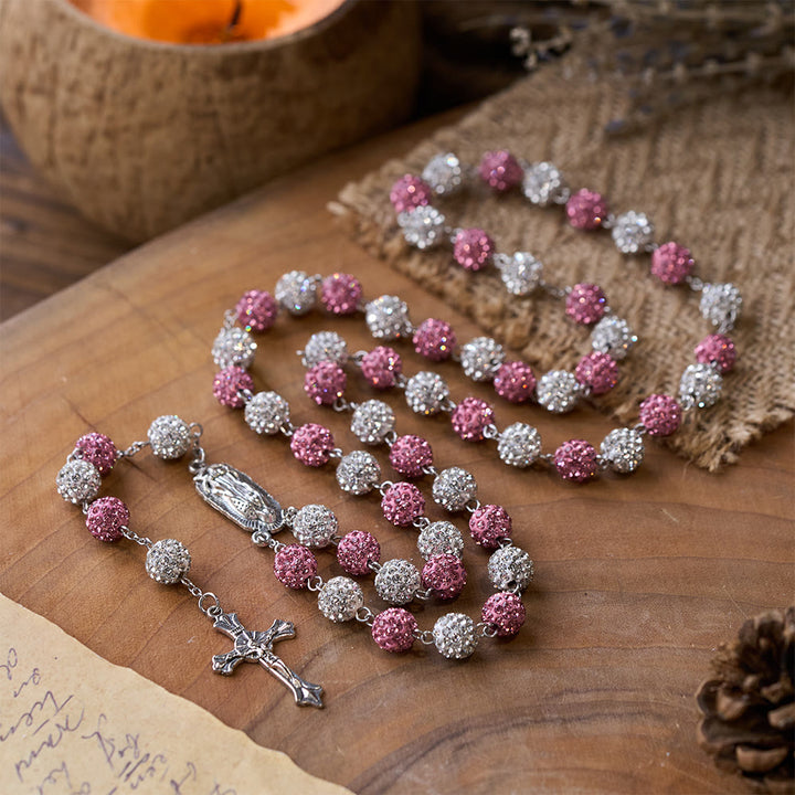 Christianartworkshop Our Lady of Guadalupe & Crucifix of 10 mm Round Pink White Polymer Clay Alloy Chain Rosary - image 3