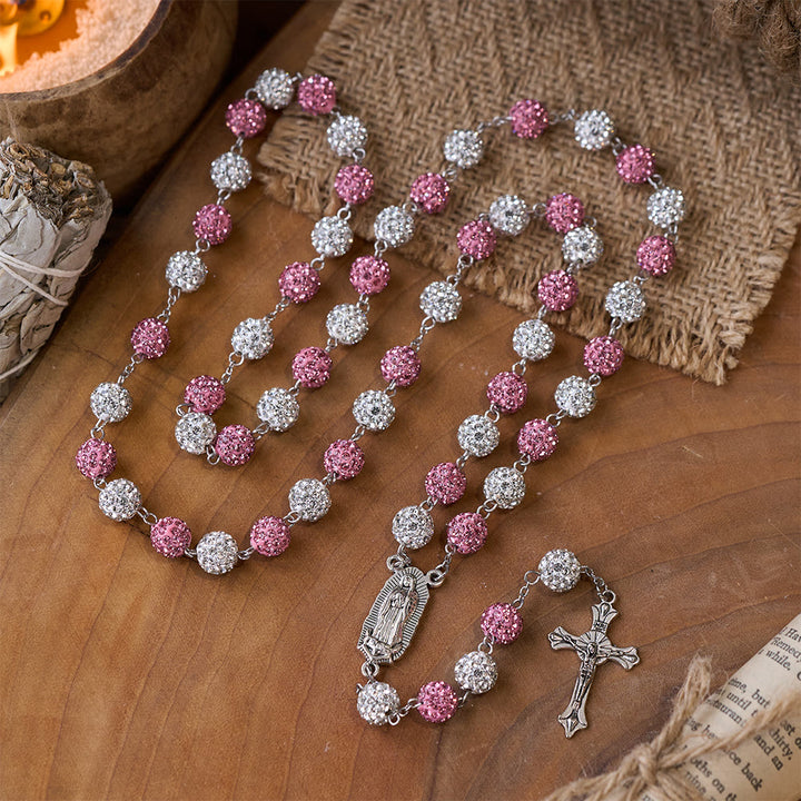 Christianartworkshop Our Lady of Guadalupe & Crucifix of 10 mm Round Pink White Polymer Clay Alloy Chain Rosary - image 4
