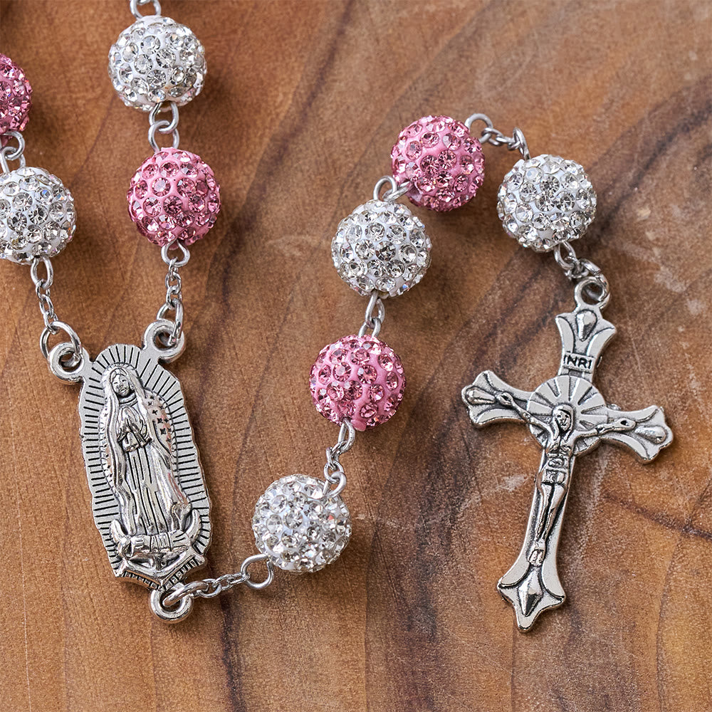 Christianartworkshop Our Lady of Guadalupe & Crucifix of 10 mm Round Pink White Polymer Clay Alloy Chain Rosary - image 5