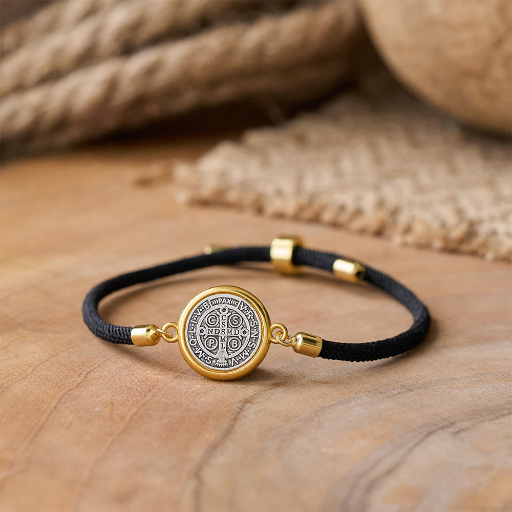 Christianartworkshop St. Benedict Medal Black Rope Cord Adjustable Bracelet - image 3
