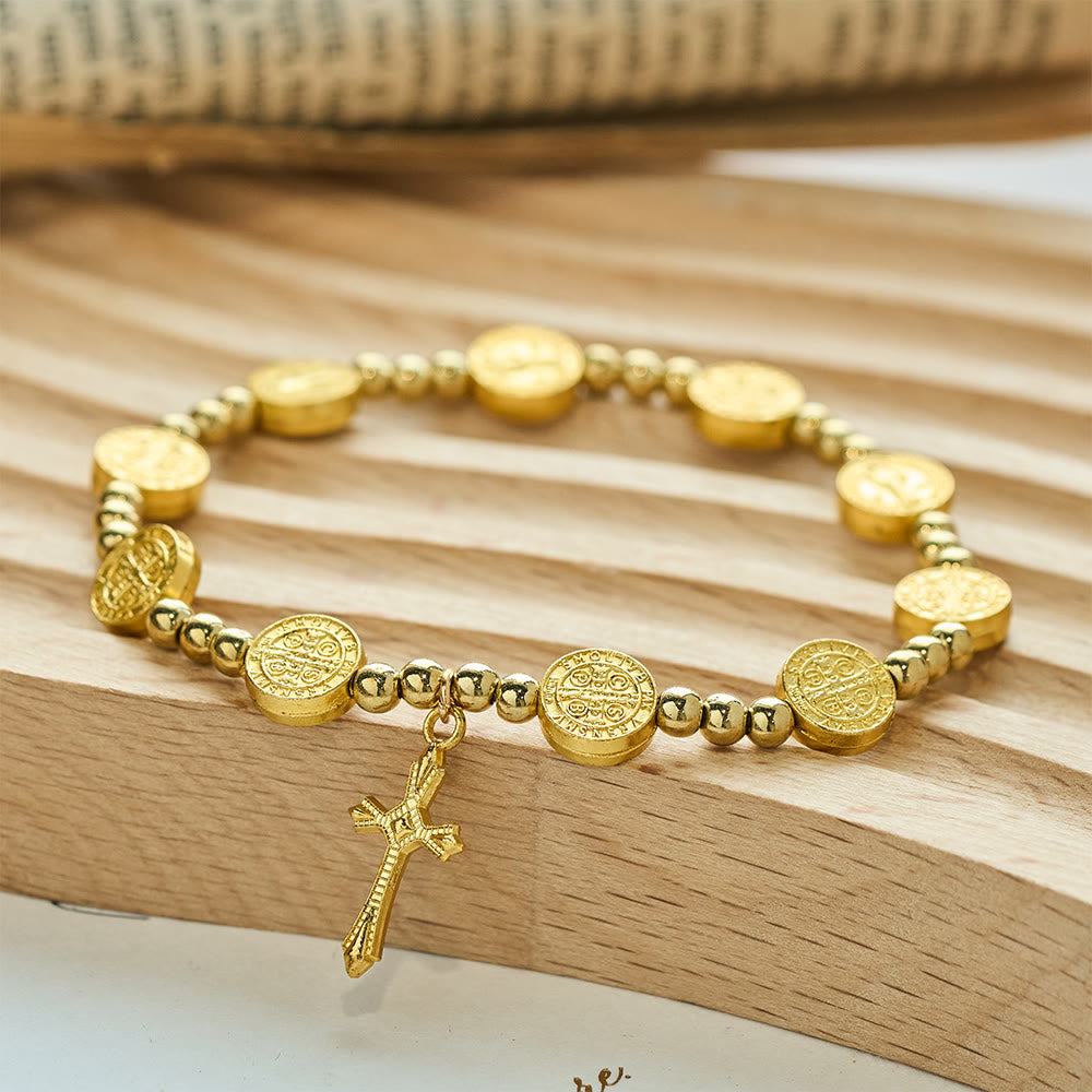 Christianartworkshop Gold-tone St. Benedict Cross Stretch Bracelet - image 2