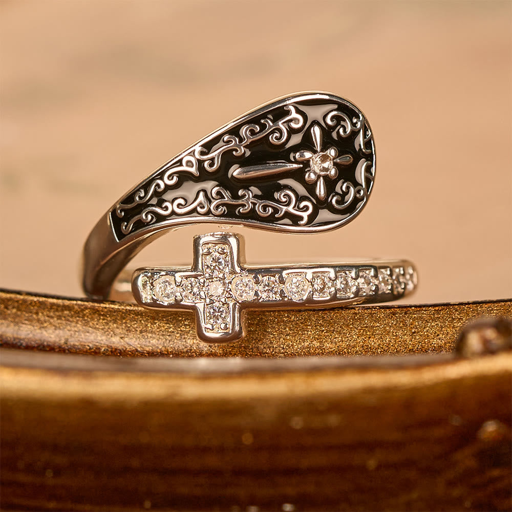 Christianartworkshop Classic Adjustable Artisan Faith Cross Ring with Baroque Patterns and Black Inlay - Adjustable(Suitable for US sizes 5.5-6.5) - image 0
