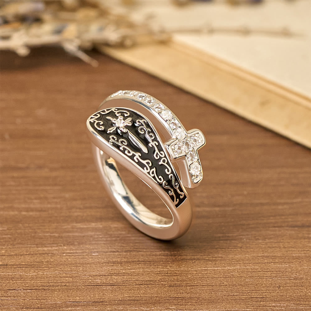 Christianartworkshop Classic Adjustable Artisan Faith Cross Ring with Baroque Patterns and Black Inlay - image 2