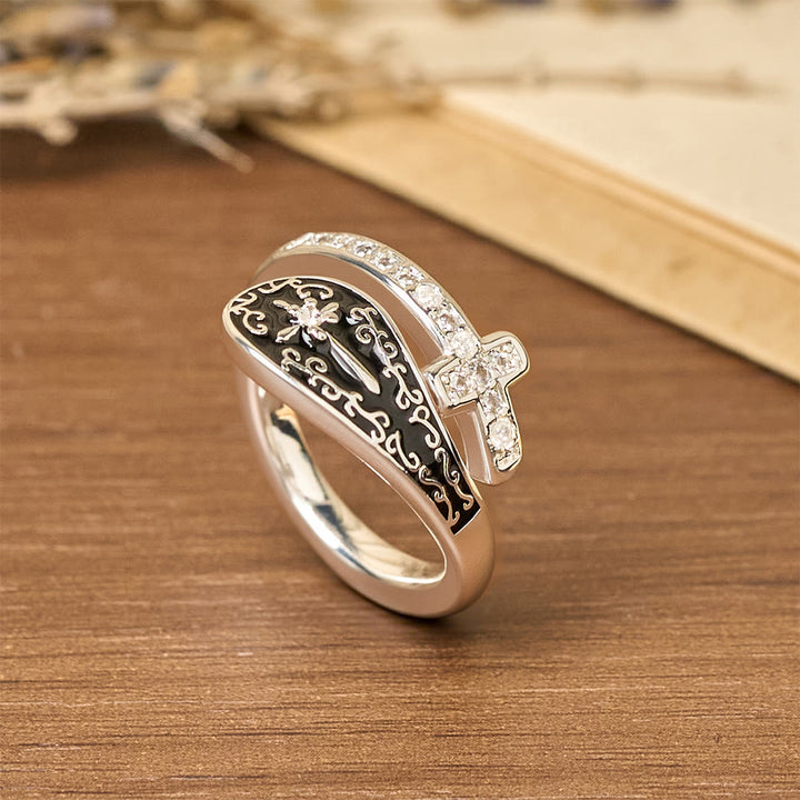 Christianartworkshop Classic Adjustable Artisan Faith Cross Ring with Baroque Patterns and Black Inlay - image 2