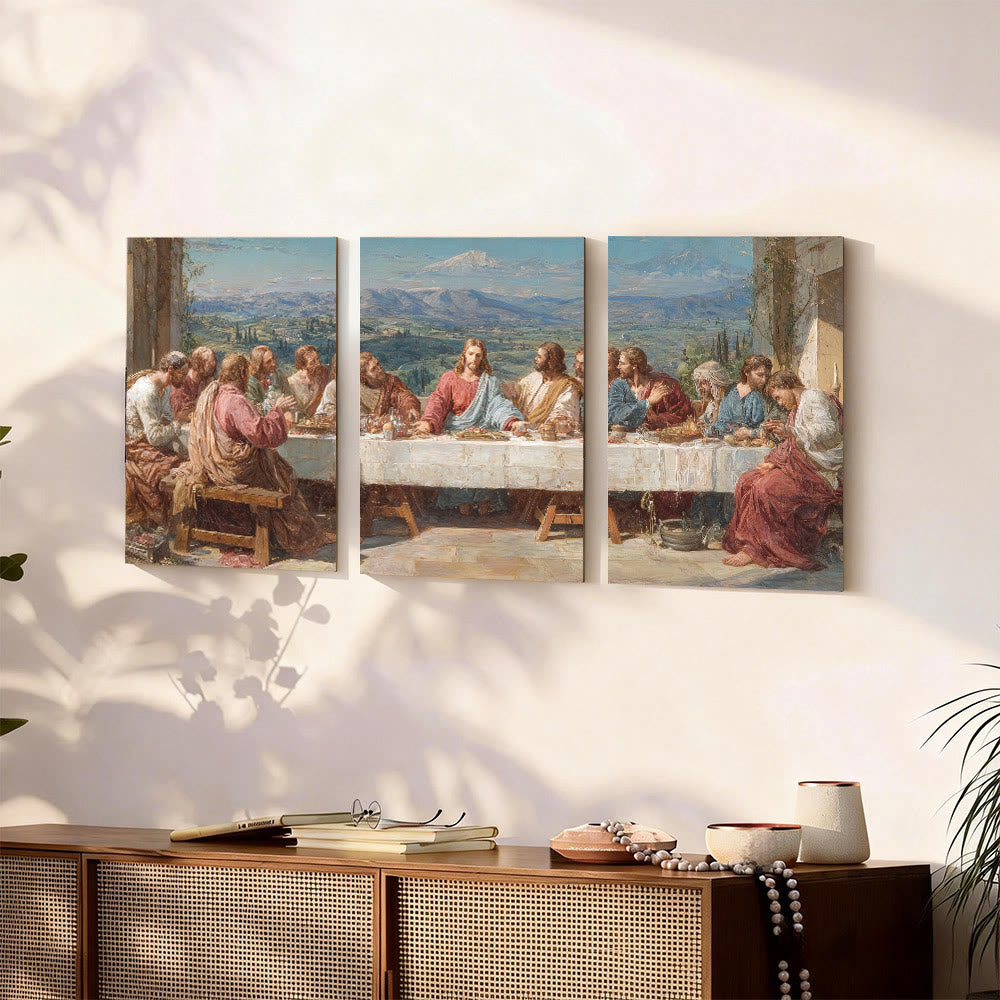 Christianartworkshop Sacred Feast with Jesus in Serene Valley Canvas Wall Art Set: Serene Companion of Home Grace - 13.78''*19.69''*0.59''/35*50*1.5cm - Framed Canvas Painting (Set of 3) - image 0