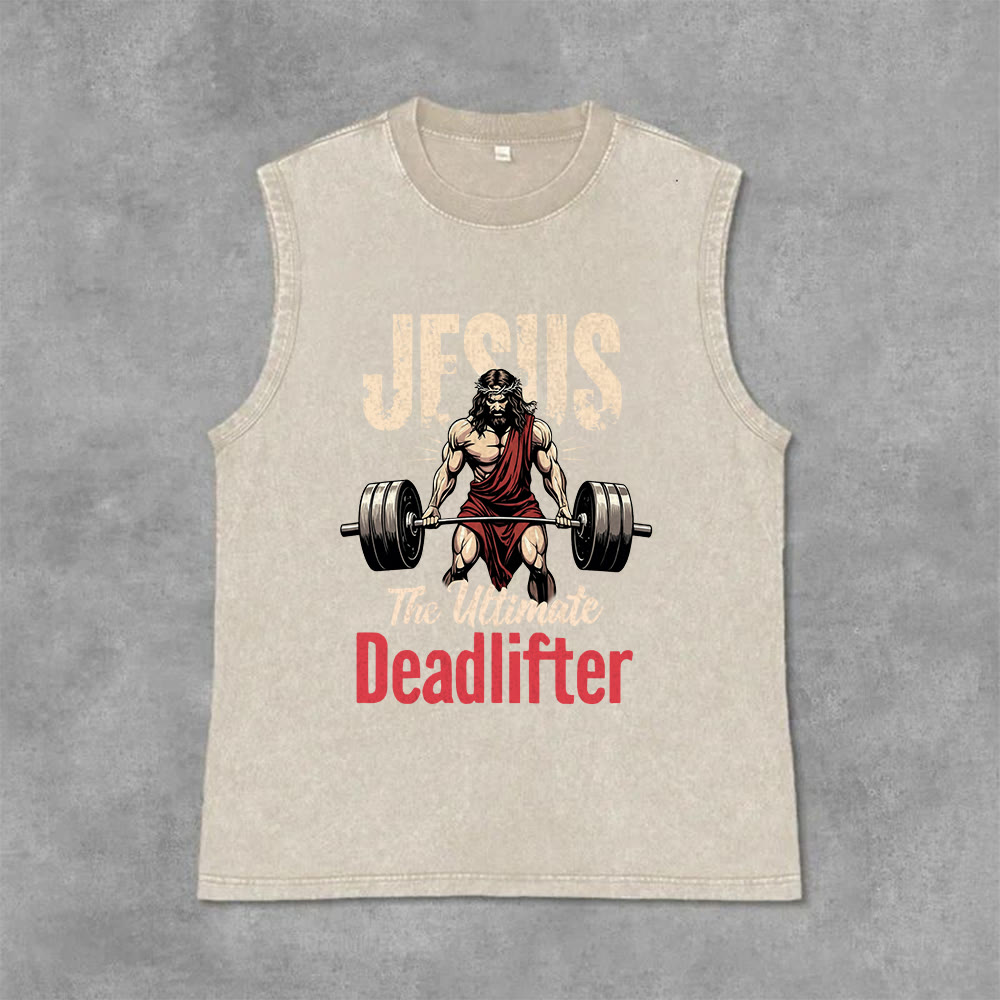 Christianartworkshop Jesus The Ultimate Deadlifter Unisex Washed Tank Top - Beige - 2XL - image 3